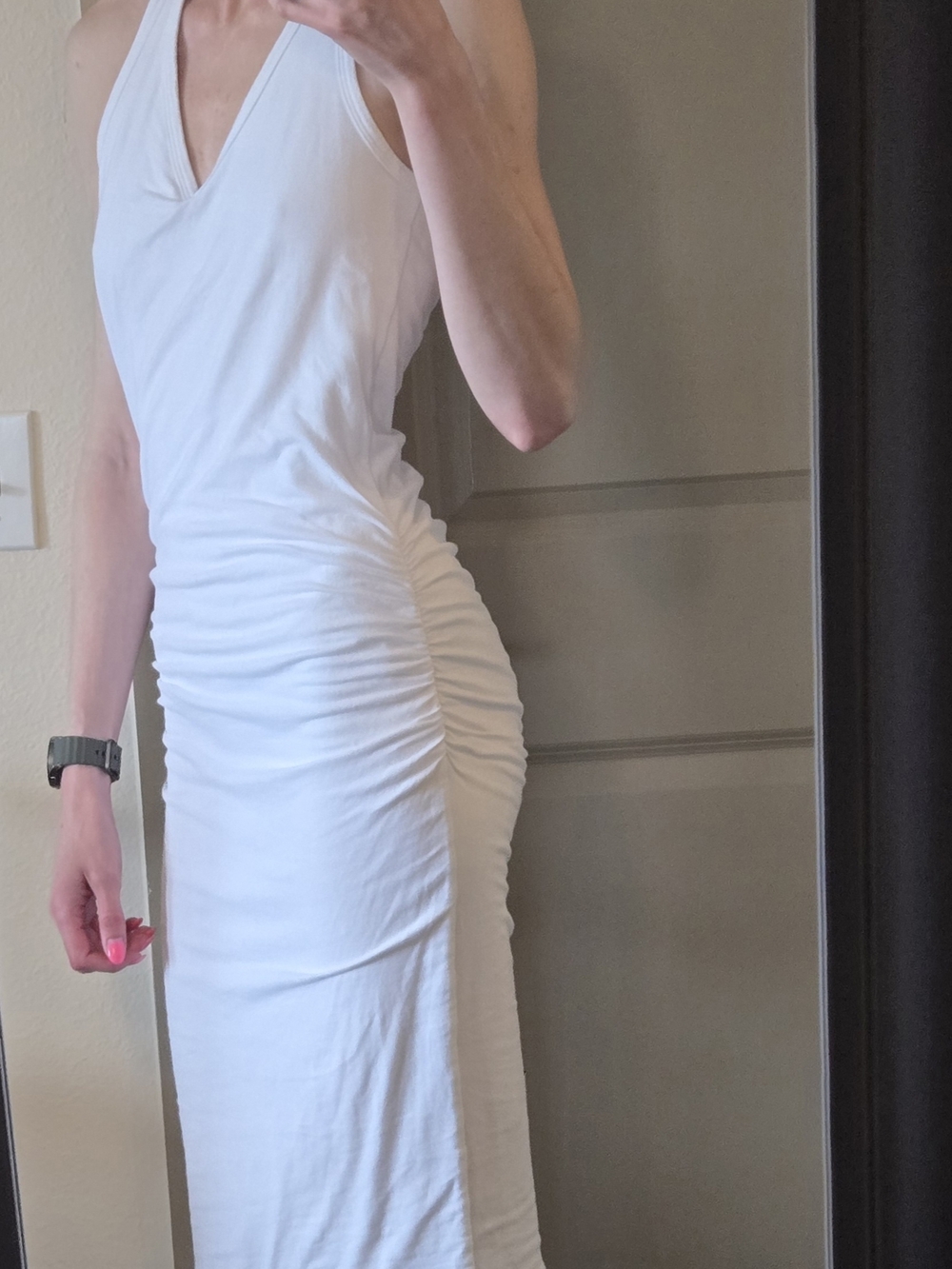 James Perse White Ruched Halter Knit Midi Dress